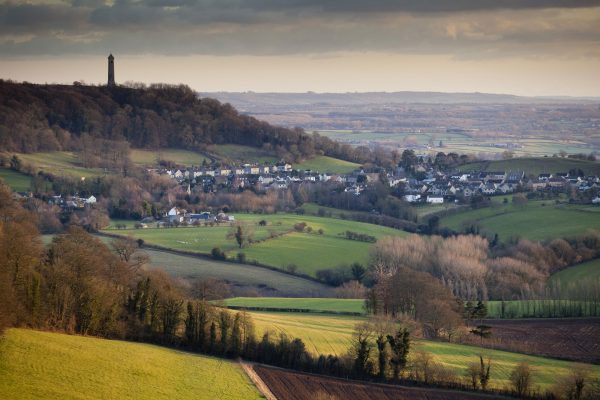 Field patterns and views of a town and woodland