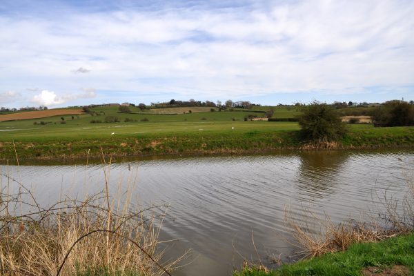 River running past green fields
