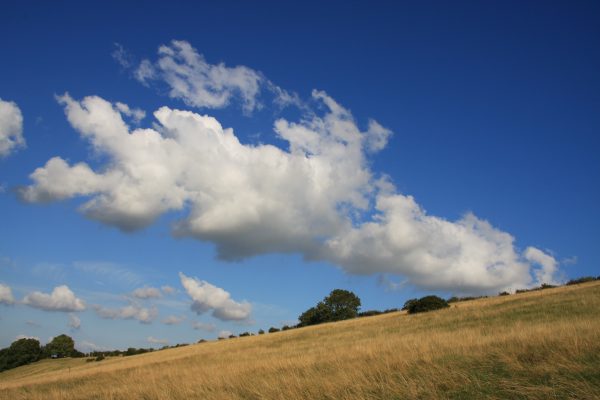 Blue skies and clouds above open fields